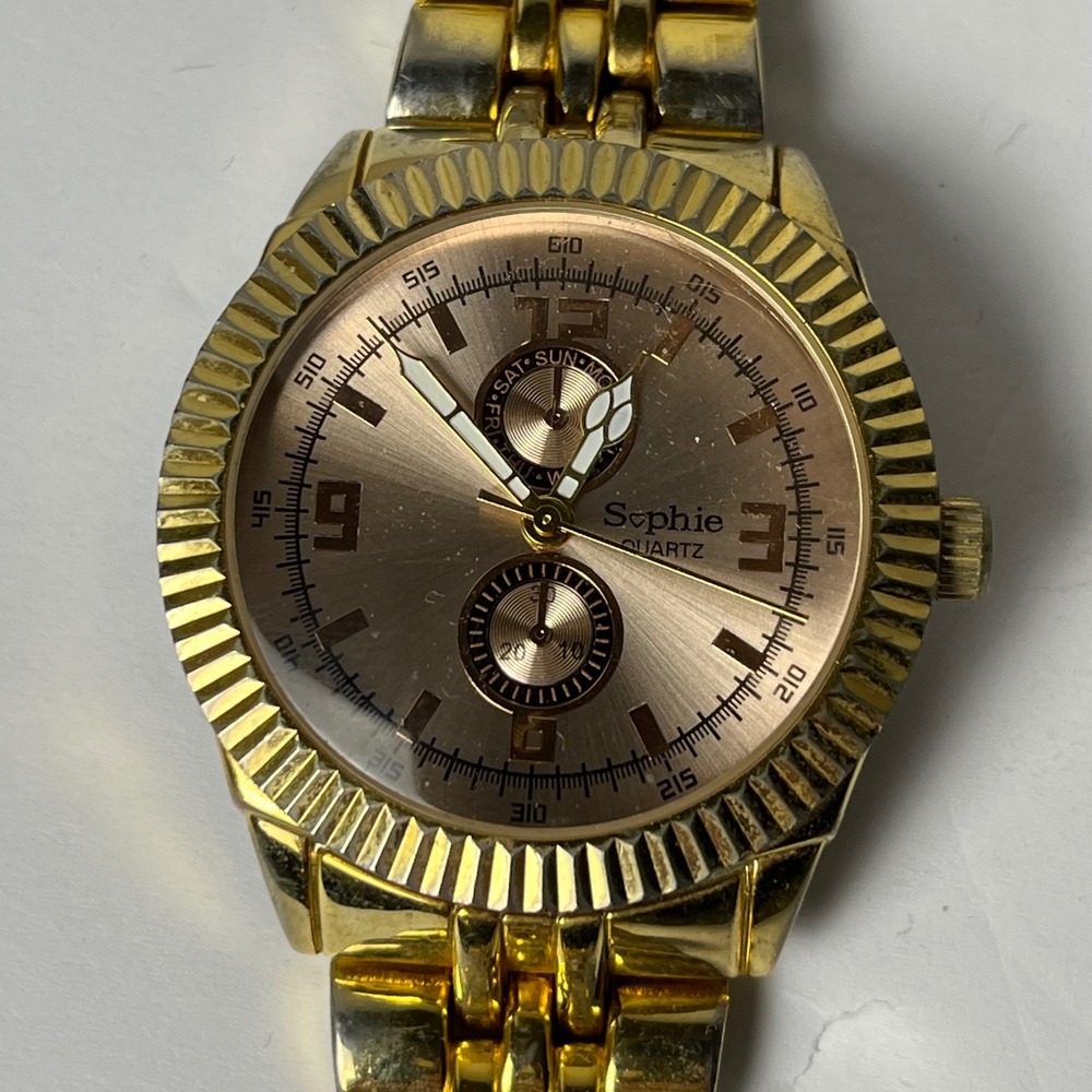 Sophie Quartz Watch Gold Tone Fluted Bezel Champagne Dial Japan Movt Repair